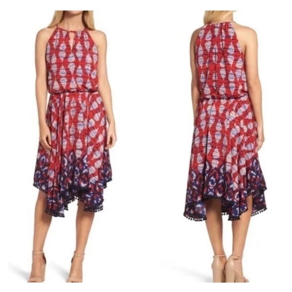 Maggy London Red Blue Geometric Pom Pom Trim Halter Sleeveless Midi Dress 8P